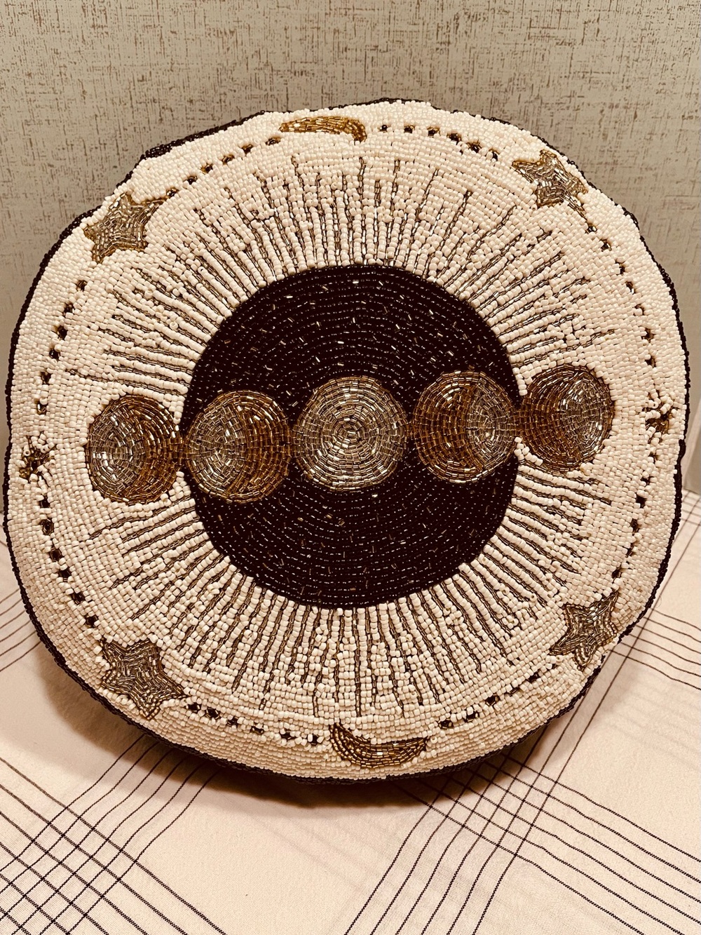 Round FULLY BEADED Moon Phase Pillow in Black, White & Gold CELESTIAL DECOR
